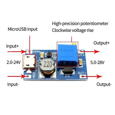 MT3608 2A DC-DC 증가 전압은 넓은 전압 입력 2/24V Lto 5/9/12/28V 조정할 수 있는  전력 모듈에 탑승합니다