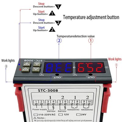 탐침 12V 24V 220V와 STC-3008 디지털 온도계 제어기 2 릴레이 출력