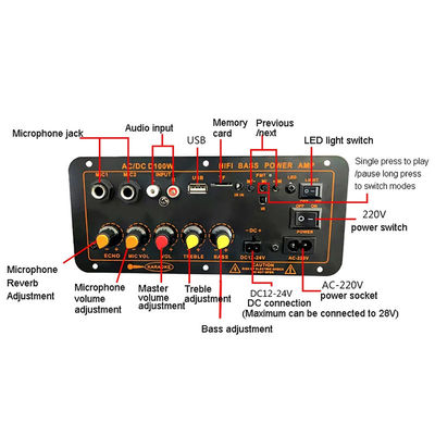 D100W 블루투스 5.0 전력 증폭기 보드 AC 220V DC 12-24V 5V 무선 모듈 8-12 인치