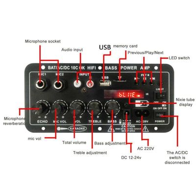 24V/220V 차량용 앰프 모노 오디오 앰프, 서브우퍼 및 가라오케용 120W 전원 듀얼 마이크 및 블루투스 포함