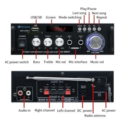 무선 BT 2.0 자동차 증폭기 및 KTV 홈용 스테레오 오디오 증폭기 LDZS AV-298BT