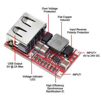 CA-025 효율적인 DC-DC 변환기 USB 충전기 개발 보드 6V-24V 24V 12V에서 5V 97.5% 자동차 전원 공급 장치 버크 모듈