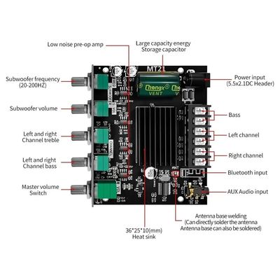 ZK-MT21 하이파이 디지털 전력 증폭기 보드 100W+2*50W 2.1 채널 서브우퍼 AUX 12/24V 오디오 스테레오 5.0Amp ZK-MT21