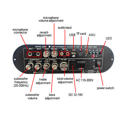 D800 프로페셔널 2.0 채널 블루투스 디지털 증폭기판 12V 재충전 가능한 DJ/카라오케용 고전력