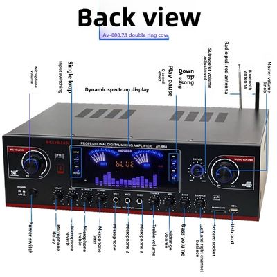 AV-888 7.1 채널 2000W 고전력 가정 극장 카라오케 증폭기 스피커 듀얼 루프 12 튜브 내구성 금속으로 만들어졌습니다