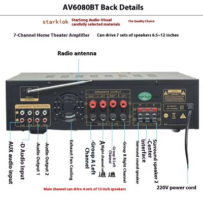 AV-6080BT 1000W 7채널 고정 임페던스 증폭기 가정용 자동차 금속 수신기 USB 플래시 SD 카드 BT 무선 플레이어 글로벌