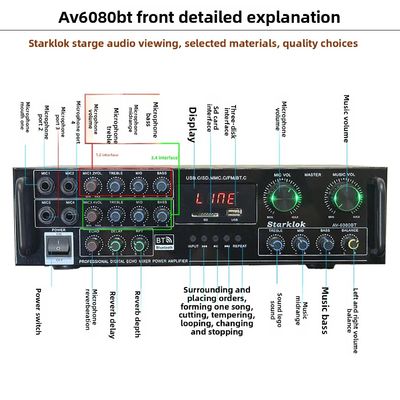 AV-6080BT 1000W 7채널 고정 임페던스 증폭기 가정용 자동차 금속 수신기 USB 플래시 SD 카드 BT 무선 플레이어 글로벌