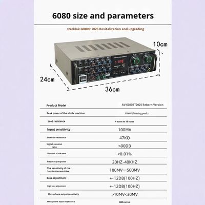 AV-6080BT 1000W 7채널 고정 임페던스 증폭기 가정용 자동차 금속 수신기 USB 플래시 SD 카드 BT 무선 플레이어 글로벌